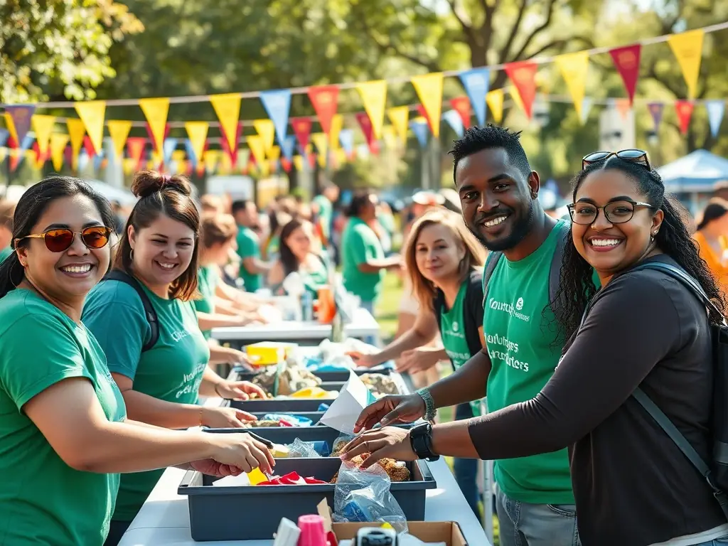 A heartwarming image of volunteers working together at a community event, highlighting the spirit of collaboration and social connection.