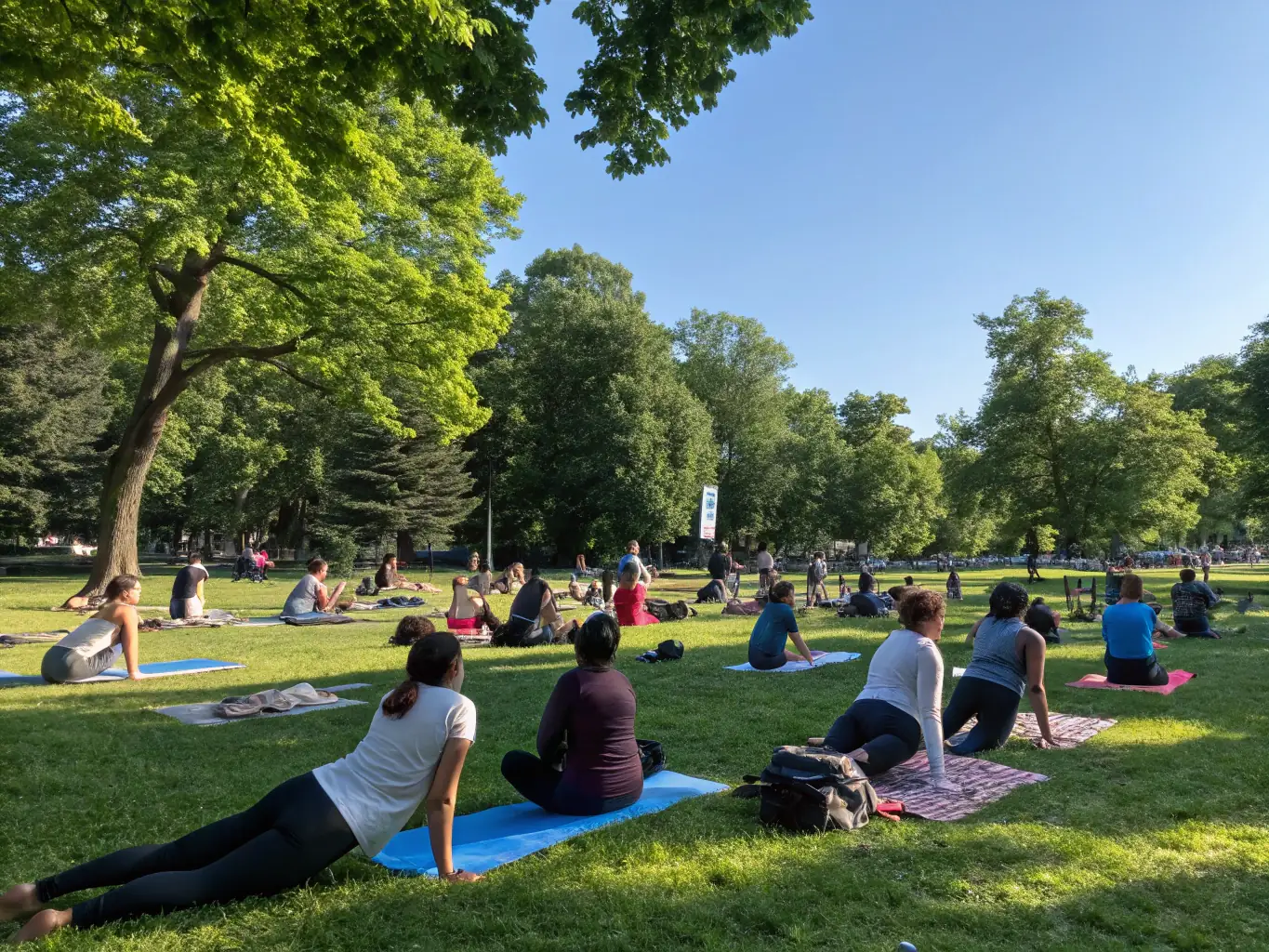 A group of diverse individuals participating in a community yoga session outdoors, with a focus on inclusivity and well-being.