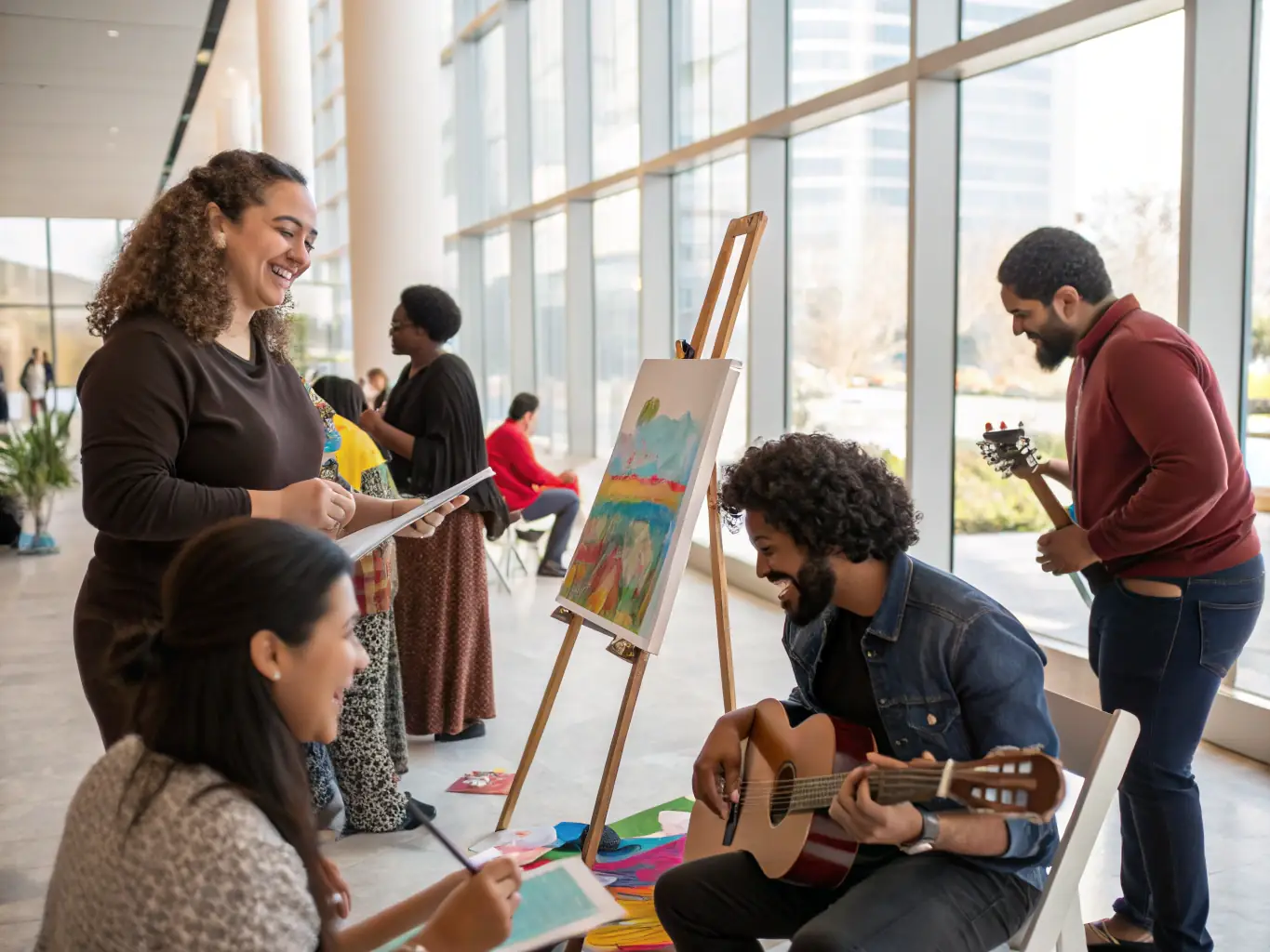 An inspiring photograph of participants engaged in an artistic workshop facilitated by COURSE DES VENTS, showcasing creativity, collaboration, and the joy of artistic expression.