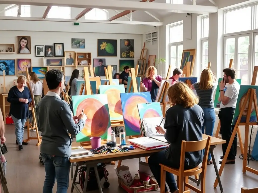 An inspiring image showing participants creating art during an artistic workshop organized by COURSE DES VENTS, emphasizing creativity, self-expression, and skill development.