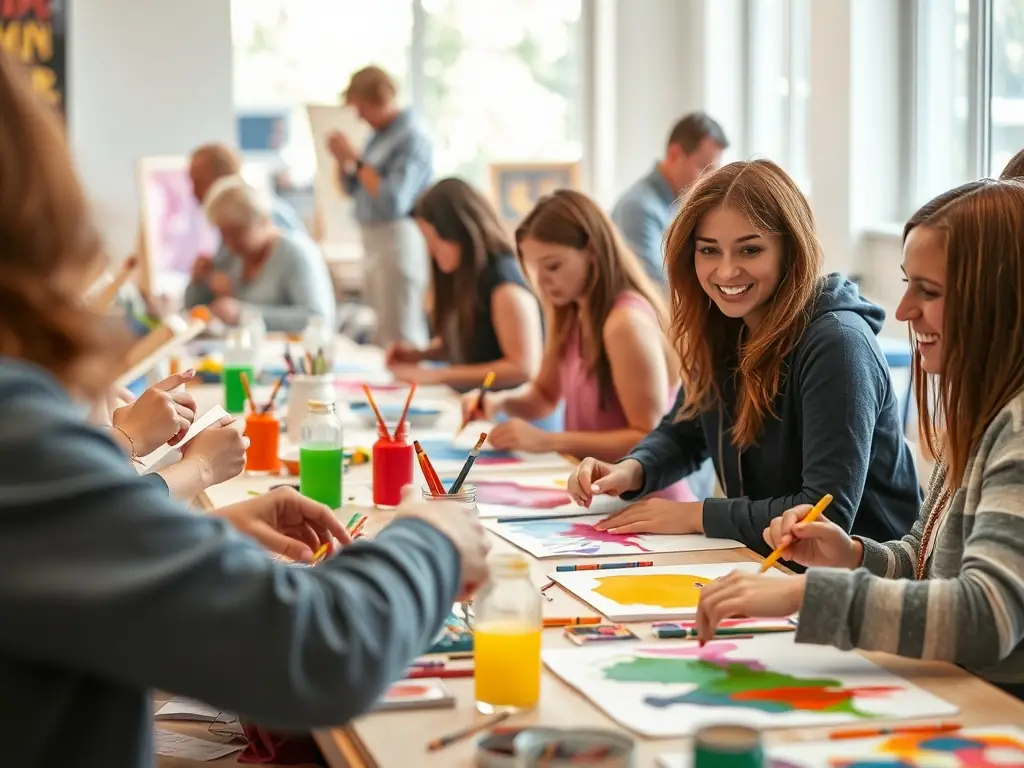 A photograph showcasing an engaging artistic workshop organized by COURSE DES VENTS, with participants of various ages creating artwork under the guidance of experienced instructors, fostering creativity and artistic expression.